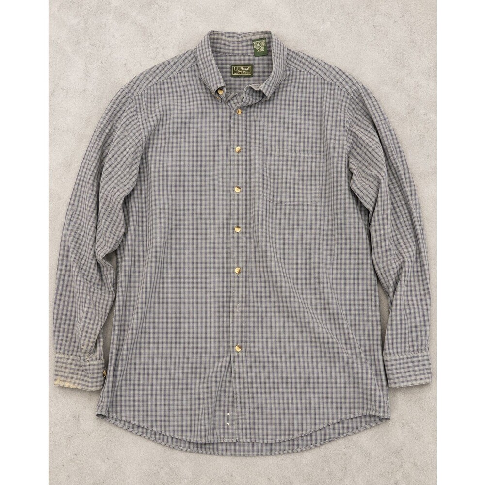 L.L.Bean Men's L Tall Plaid Button Down Shirt 100% Cotton Blue Gray Long Sleeve